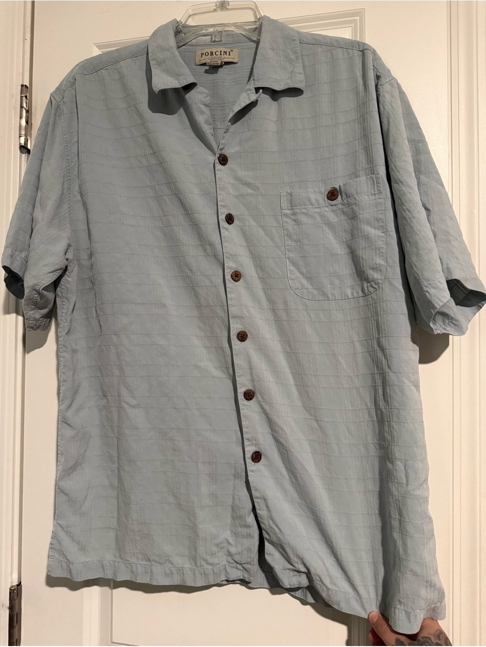 Porcini 100% Silk Shirt Mens Large Sky Blue Plaid Short Sleeve Button Front